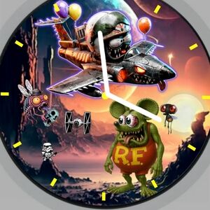 Rat Fink In Space Novelty Wall Clock with Fantasy Jet Fighter Monster Art Ed Rot